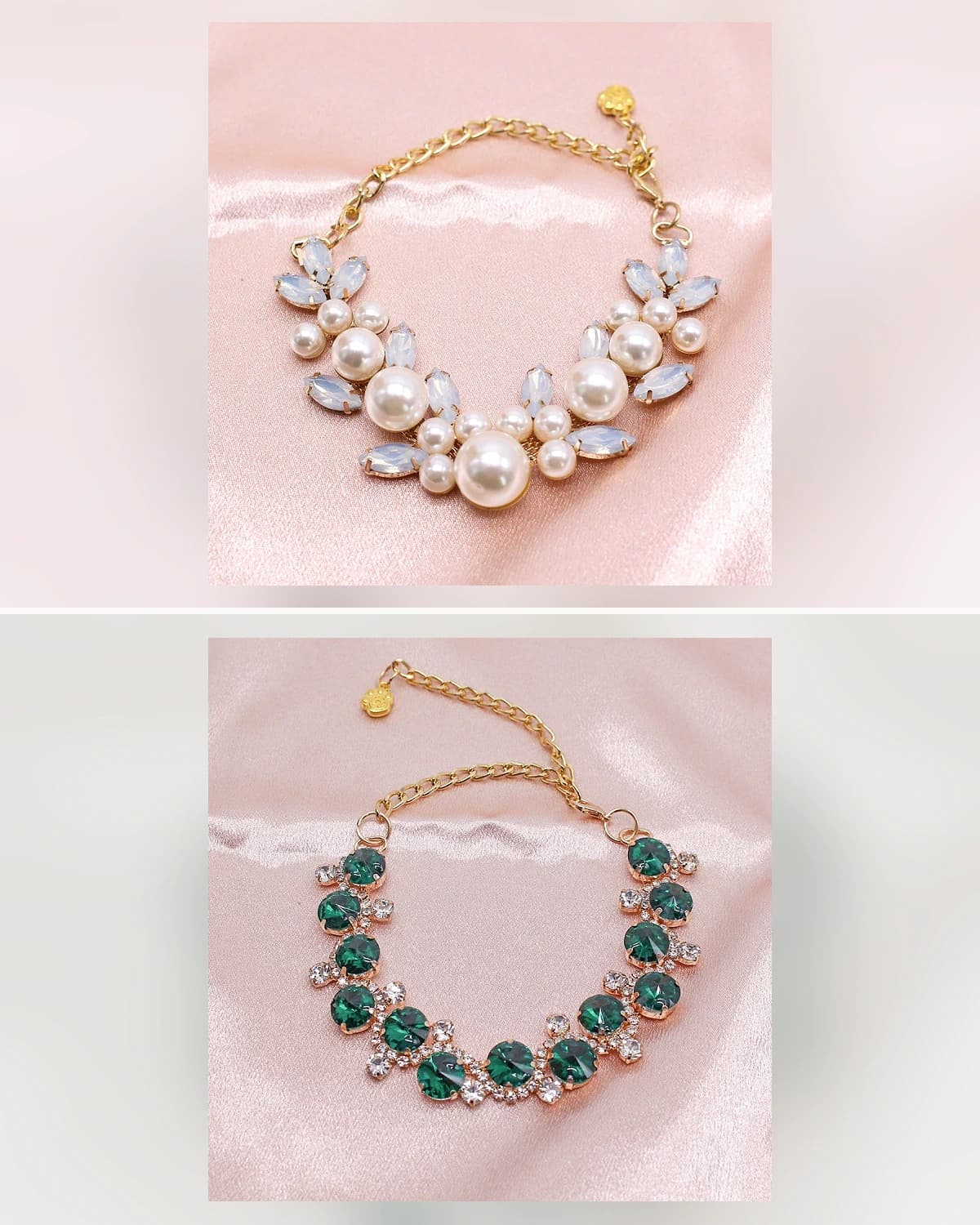 Pearl-finish and resin jewel collar details
